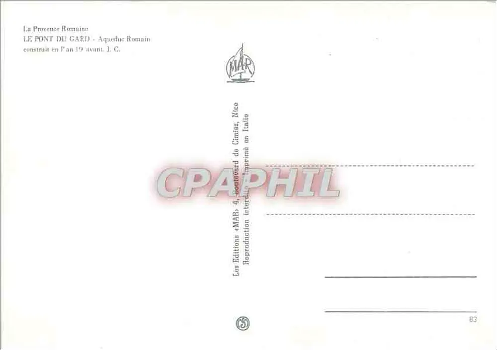 Pont du Gard — Aqueduc romano — Les Editions MAB, Imprimerie en Italie - Verso