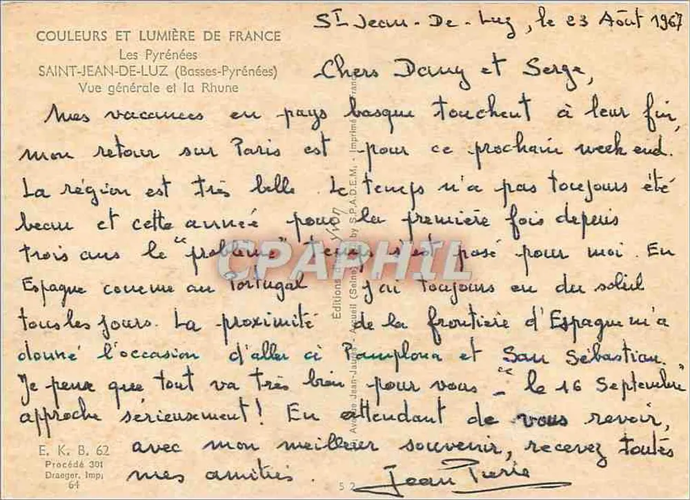 Saint-Jean-de-Luz — Vue générale et la Rhune — Éditions Jean-Jaume, Procédé 391 - Verso