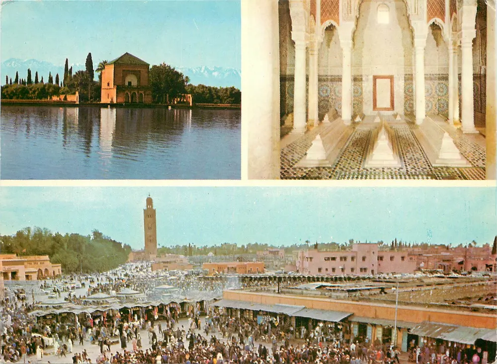 Marrakech — Bassin der Ménara, Saadianische Grabstätten, Großer Souk — Verlag: Ecke der Straßen Deyra und S. Saïns - Vorderseite