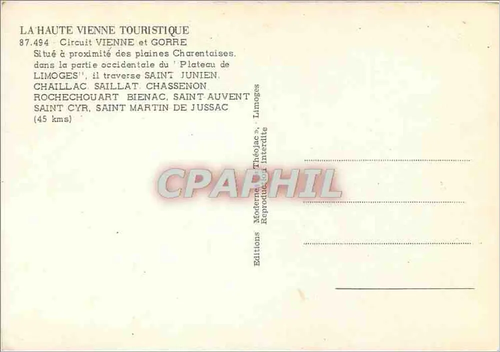 Circuito Vienne e Gorre — Local: carta turística com fotos — Éditions Théo Jac, Limoges, n° 87.494 - Verso
