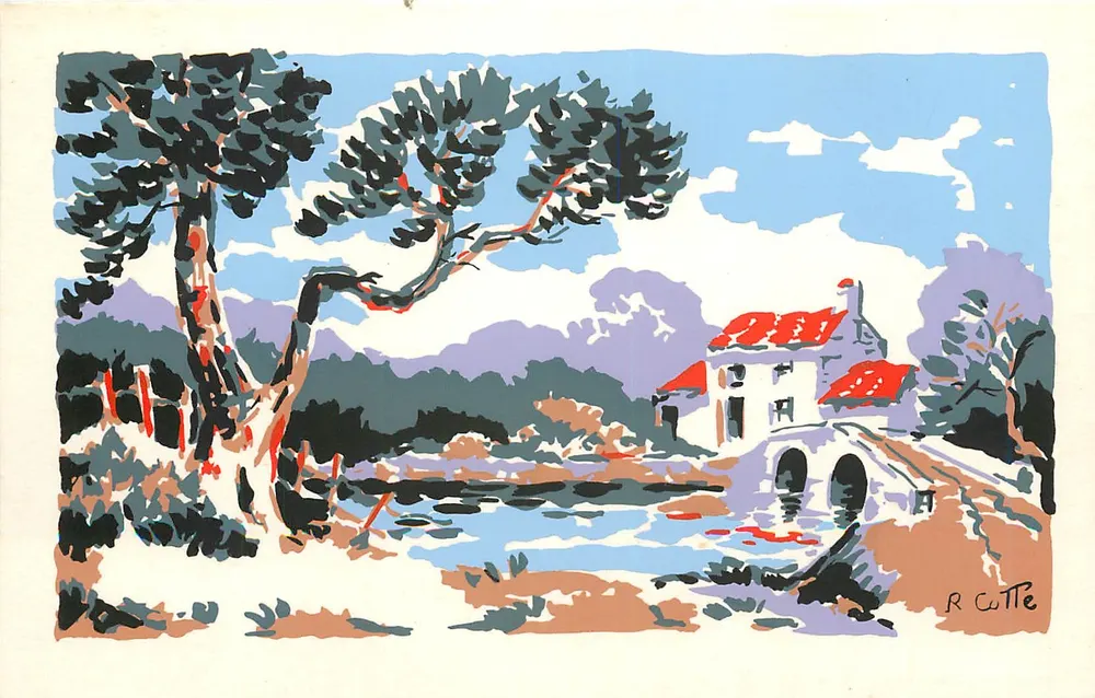 Paisagem com casa e ponte — gravura colorida — R. Cotte - Frente