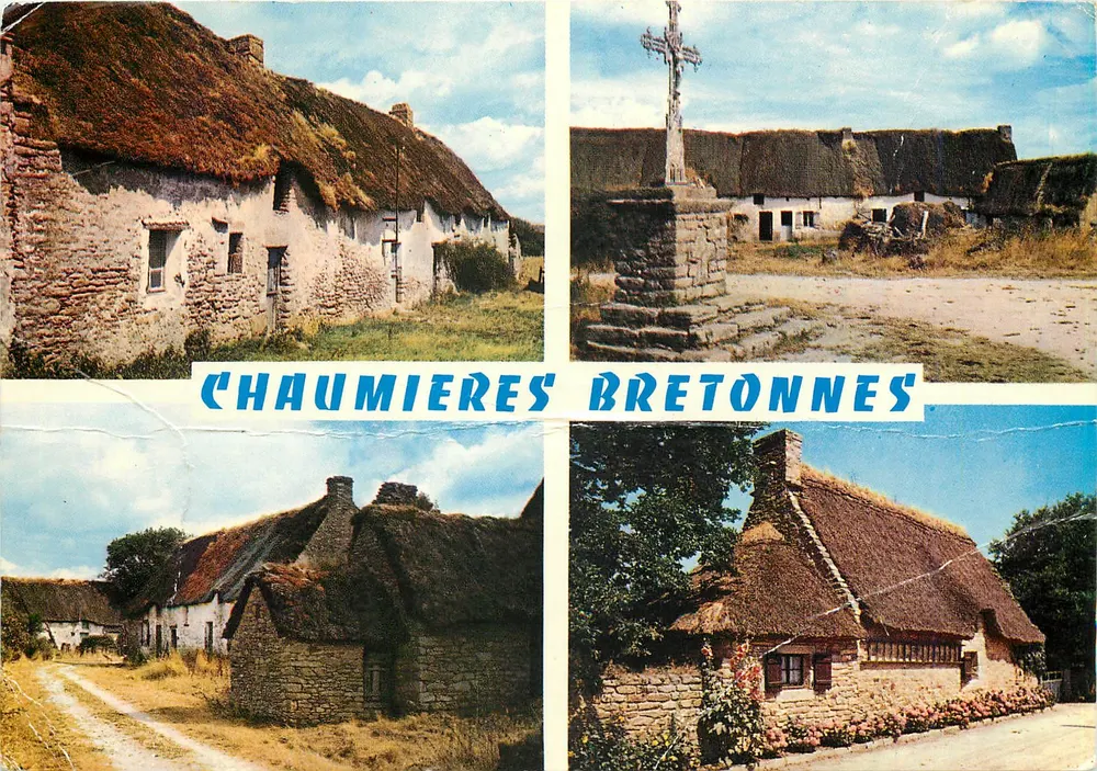 Chalés Bretões — vista de casas com telhados de colmo — editor Couleurs de Bretagne, n° 563 - Frente