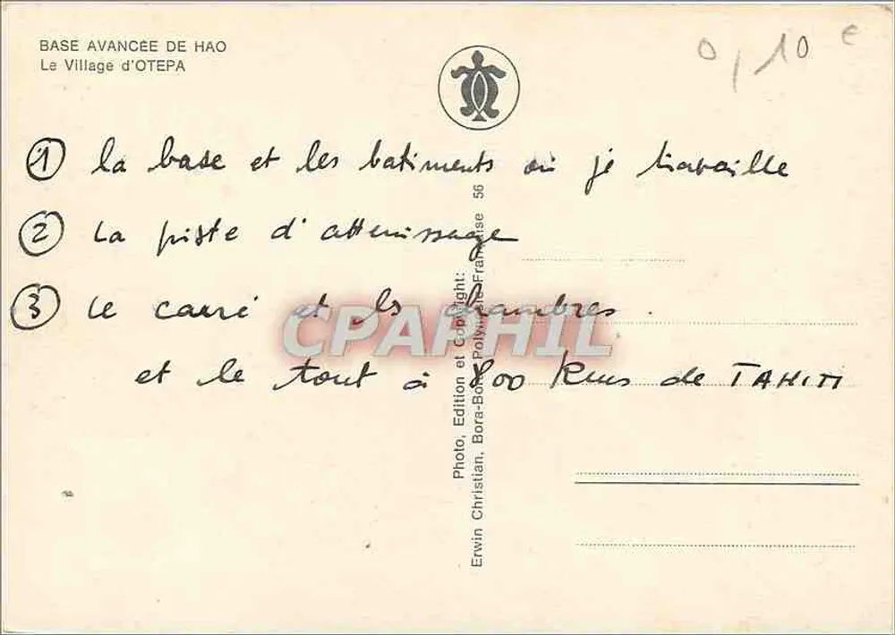 Vila de Otepa — Base Avançada de Hao — Editor Erwin Christian, Bora-Bora, Polinésia Francesa, n° de série 56 - Verso