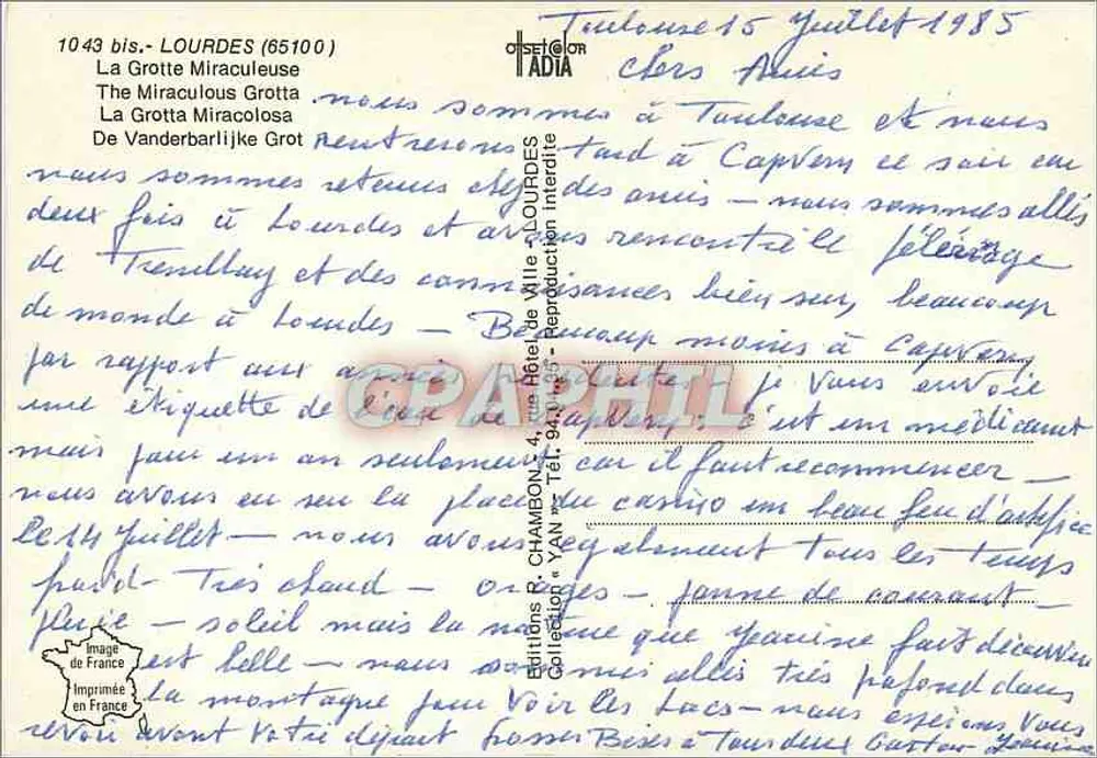 A Gruta Milagrosa — Lourdes (65100) — Éditions R. CHAMBON, 4, rue de l'Église, Toulouse - Verso
