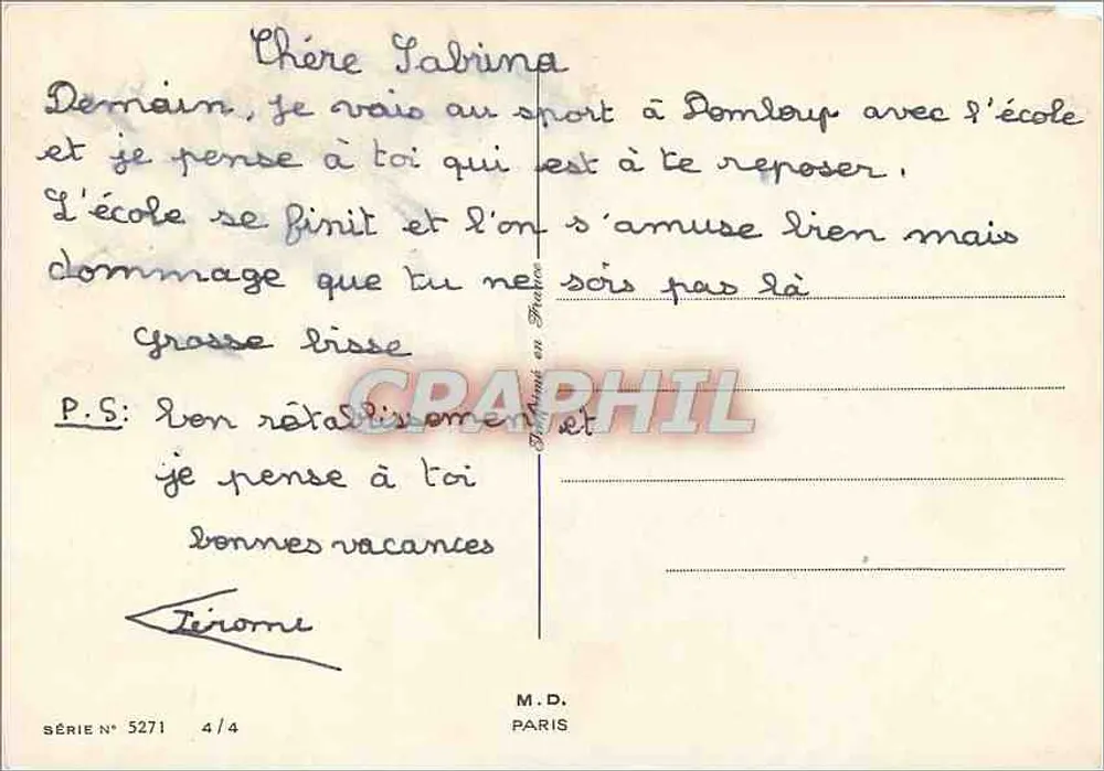 Criança em um carro vermelho — sob cerejeiras em flor — M.D. Paris, série 5271 - Verso