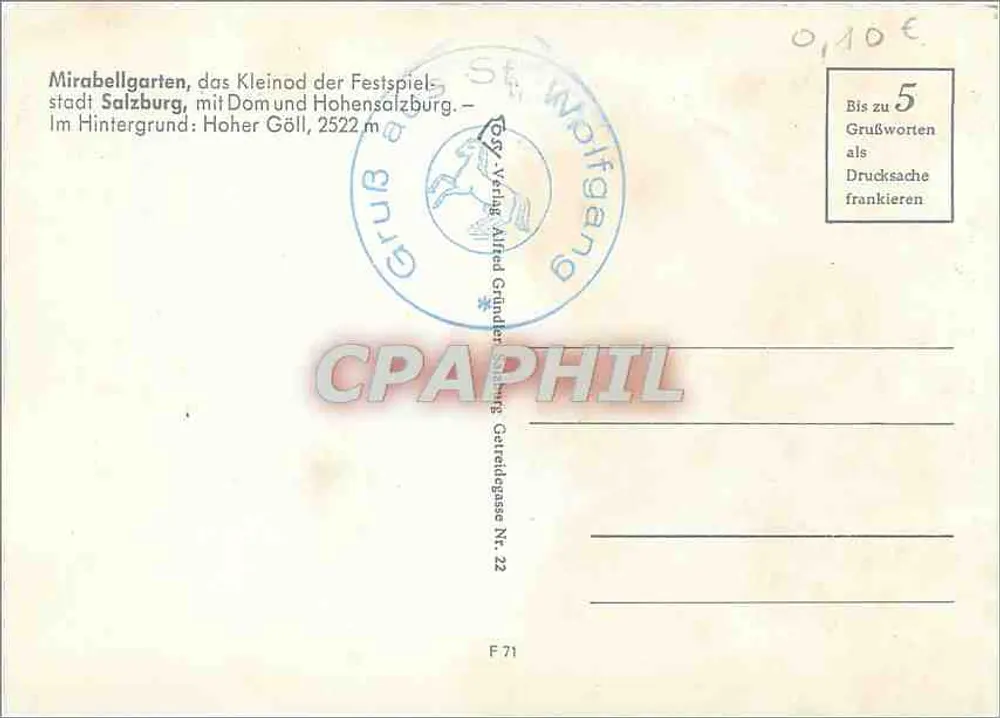 Mirabellgarten, Salzburg — Panoramablick mit dem Dom und der Hohensalzburg — Verleger: Druckerei Alfred Grünberger, Serie F 71 - Rückseite