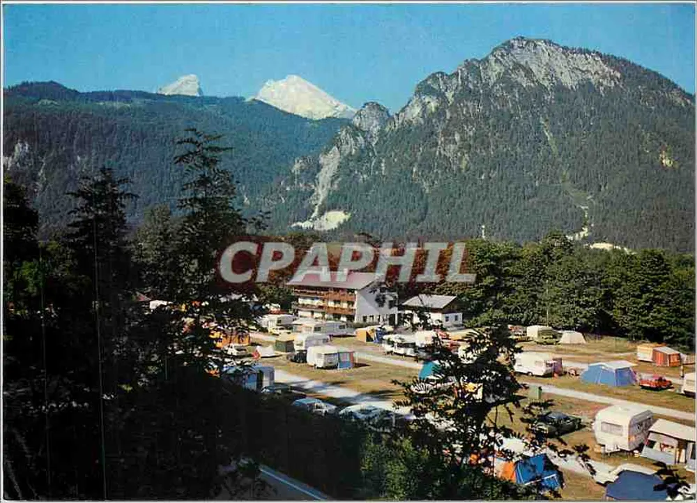 Campingplatz u. Fremdenheim à Königssee — vue panoramique avec montagnes en arrière-plan — éditeur VWS Verlag W. Steinmann - Recto