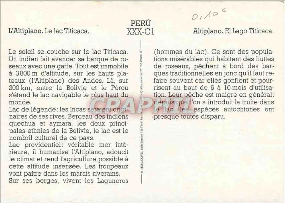 Titicaca-meer — Peruaanse Altiplano — uitgever XXX-C1 - Achterkant