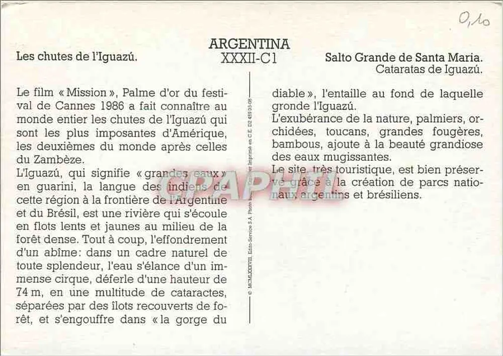 Cascata do Iguazú — Argentina, Salto Grande de Santa Maria — editor C.E. (XXXII-C1) - Verso
