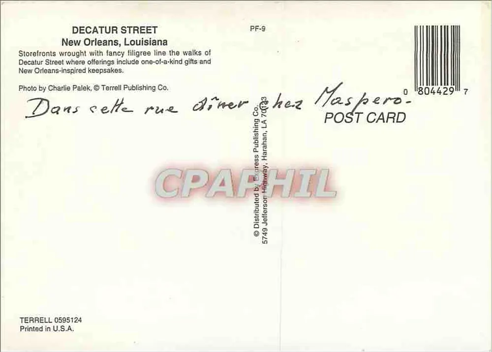 Decatur Street — New Orleans, Louisiana — Terrell Publishing Co. n° PF-9 - Rückseite