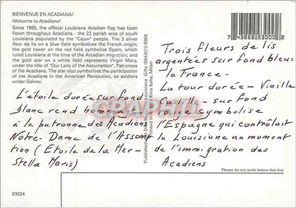 Flagge der Acadiens — Acadiana, Louisiana — Verlag Louisiana Gifts, Mailand - Rückseite