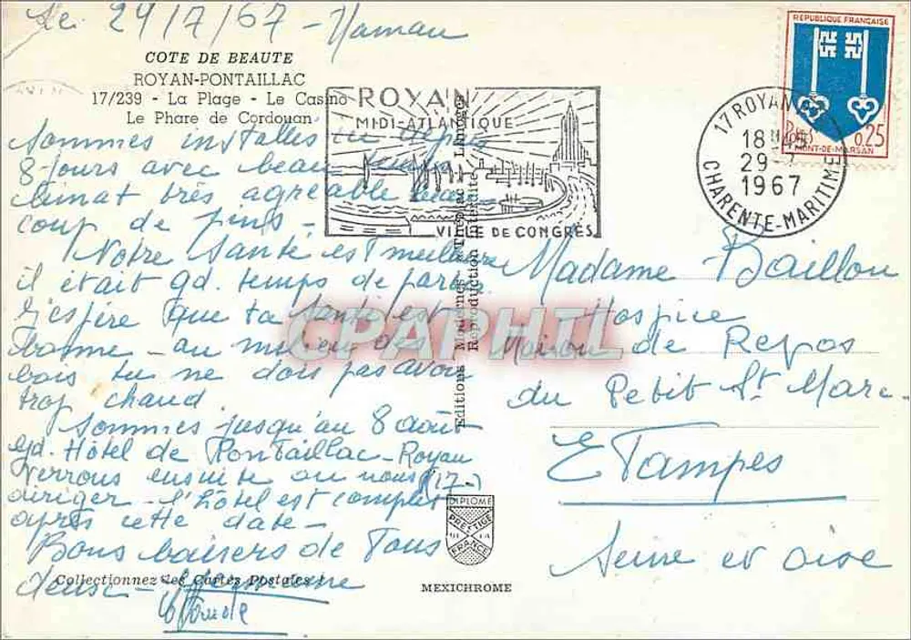 Pontaillac — Luftbild, Leuchtturm, Strand und Casino — Verlag Mexichrome, n° 17/239 - Rückseite