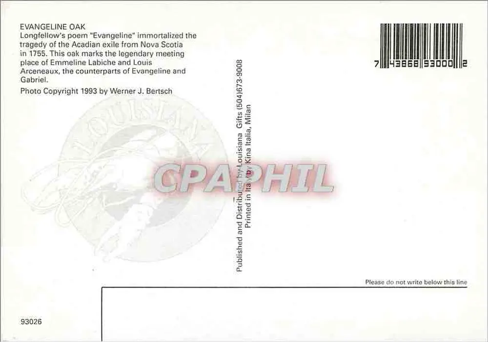 Evangeline Oak — Legendarischer Ort des Gedichts von Henry Wadsworth Longfellow — Veröffentlicht vom Louisiana State Department, 1983 - Rückseite