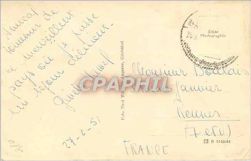 Vila nevada com igreja — noite — Ed. Trol William Angerier, Kitzbühel - Verso