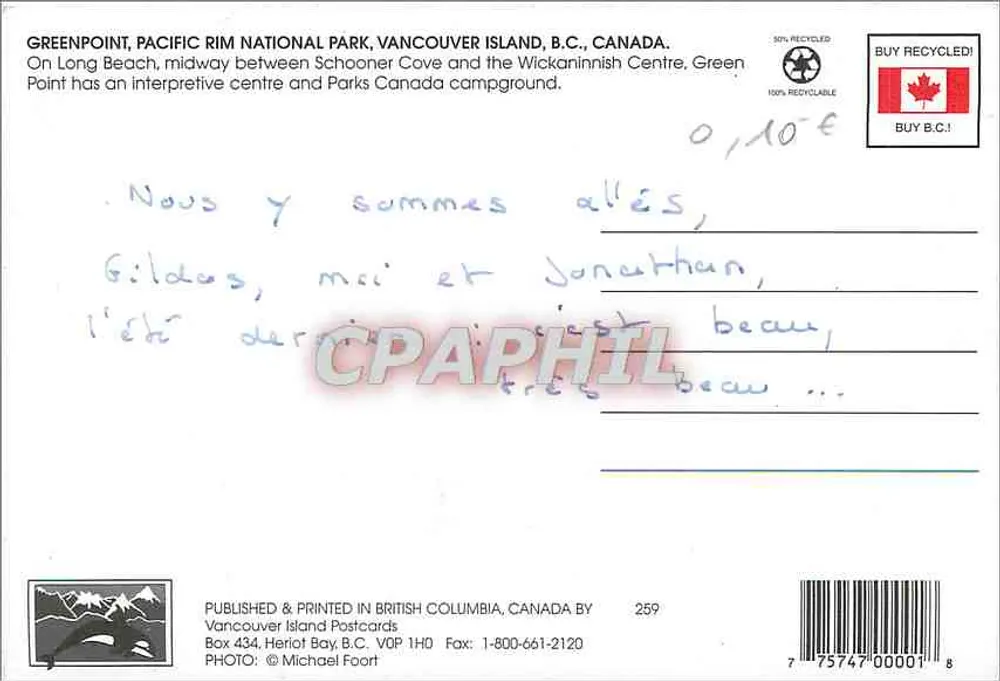 Greenpoint, Park Narodowy Pacific Rim — Wyspa Vancouver, B.C., Kanada — Karta pocztowa Vancouver Island n°259 - Rewers