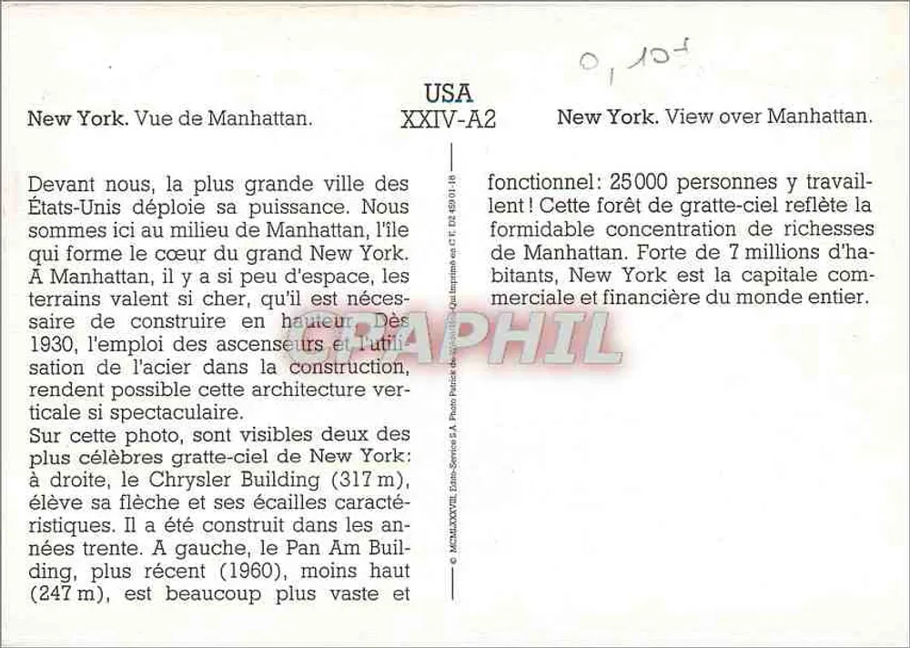 Nova Iorque. Vista de Manhattan — USA XXIV-A2 — Editor GRAPHIL - Verso