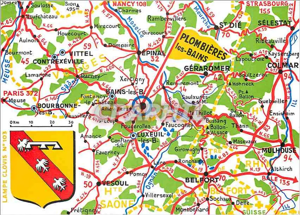 Plombières-les-Bains — Carta postal da região — Editor Lampe Clovis, N°103 - Frente