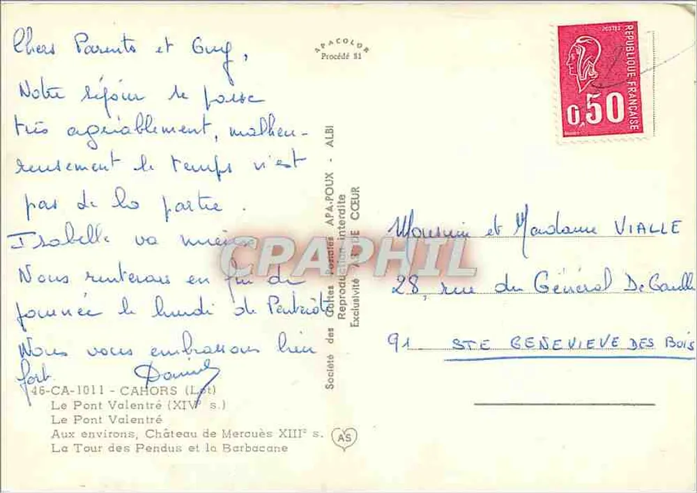 Cahors — Brug Valentré, Kasteel Mérouès, Galgenvoor — Maatschappij van Ansichtkaarten APA-POUX - Achterkant
