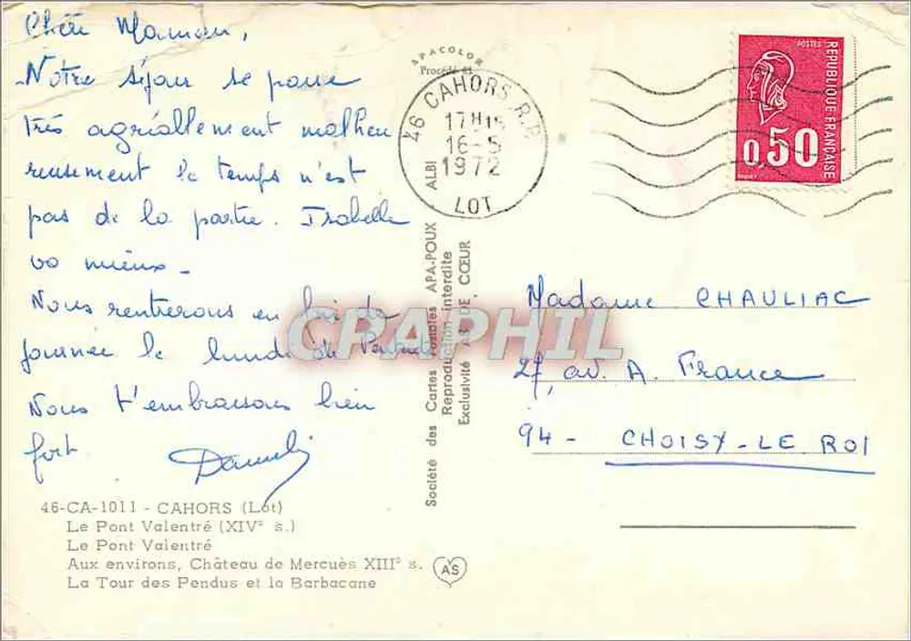 Cahors — Ponte Valentré, Castelo de Mercuès, Torre dos Pendurados — Sociedade das Cartas Postais APA-POUX - Verso