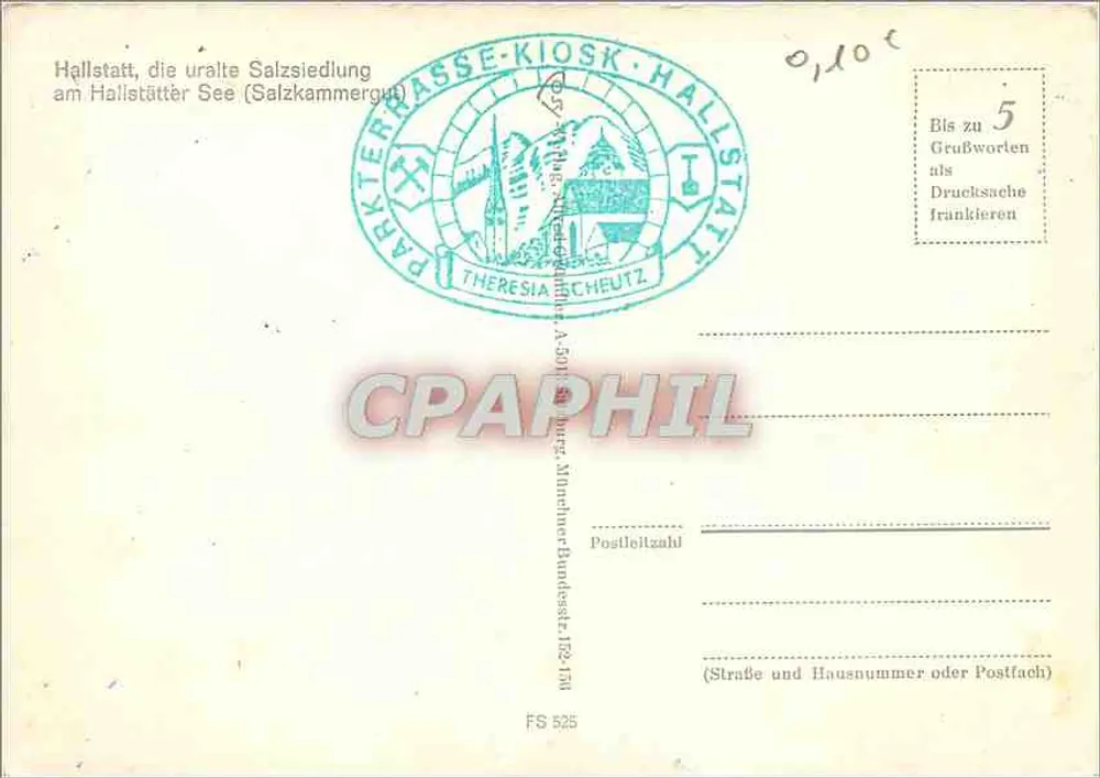Hallstatt — altes Dorf am Rand des Hallstätter Sees — Verlag: Theresia Cheutz, n° FS 525 - Rückseite