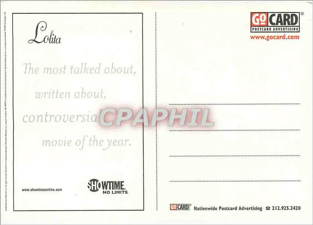 Lolita — Werbeposter für exklusive Ausstrahlung auf Showtime — GoCard Postcard Advertising - Rückseite