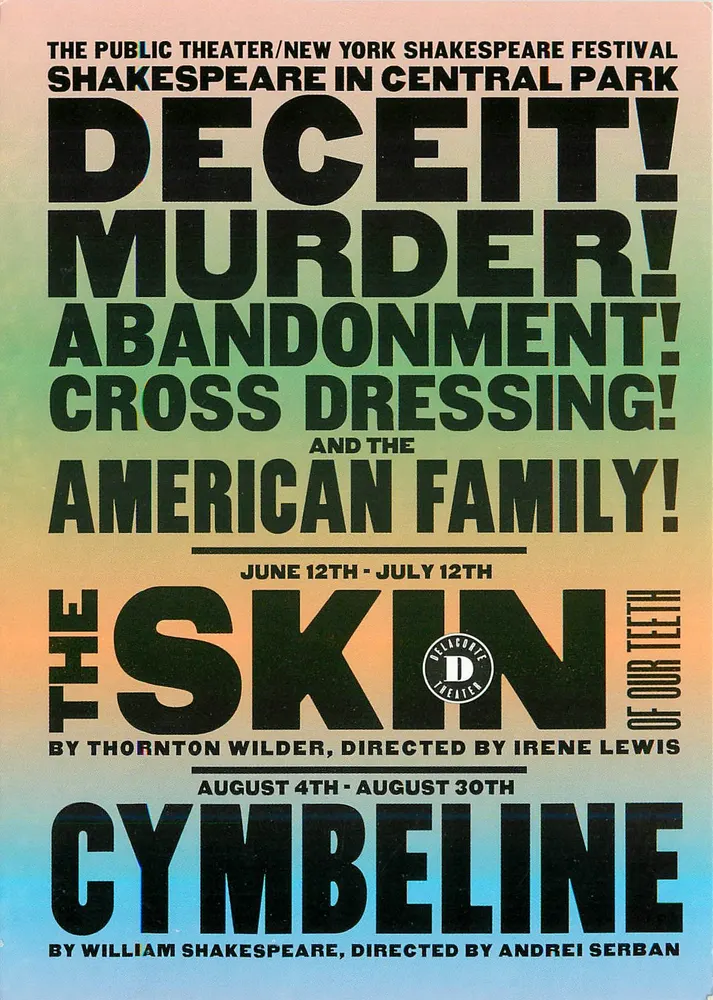 Shakespeare-Festival im Central Park — Delacorte Theatre — Plakat für 'The Skin' und 'Cymbeline' - Vorderseite