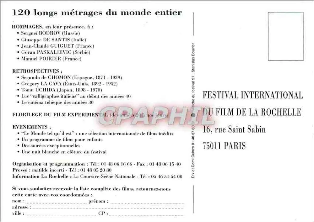 Internationaler Filmfestival von La Rochelle — 25. Ausgabe — n° 7JUIL97 - Rückseite