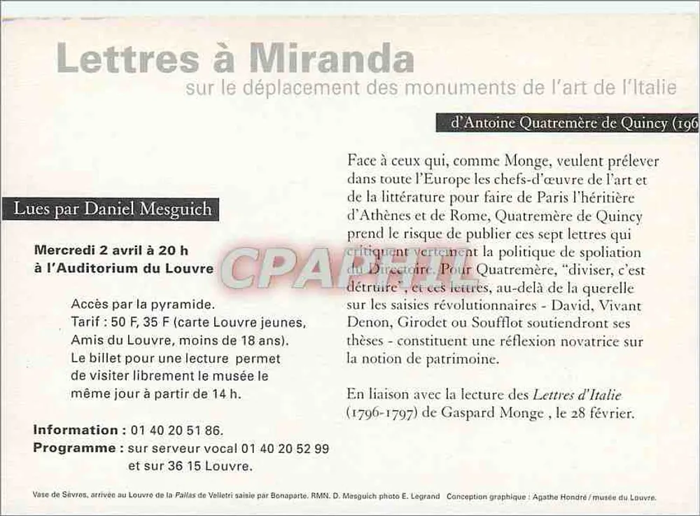 Cartas para Miranda — sobre o deslocamento dos monumentos da arte da Itália — de Antoine Quatremère de Quincy — Lidas por Daniel Mesguich — Auditório do Louvre - Verso