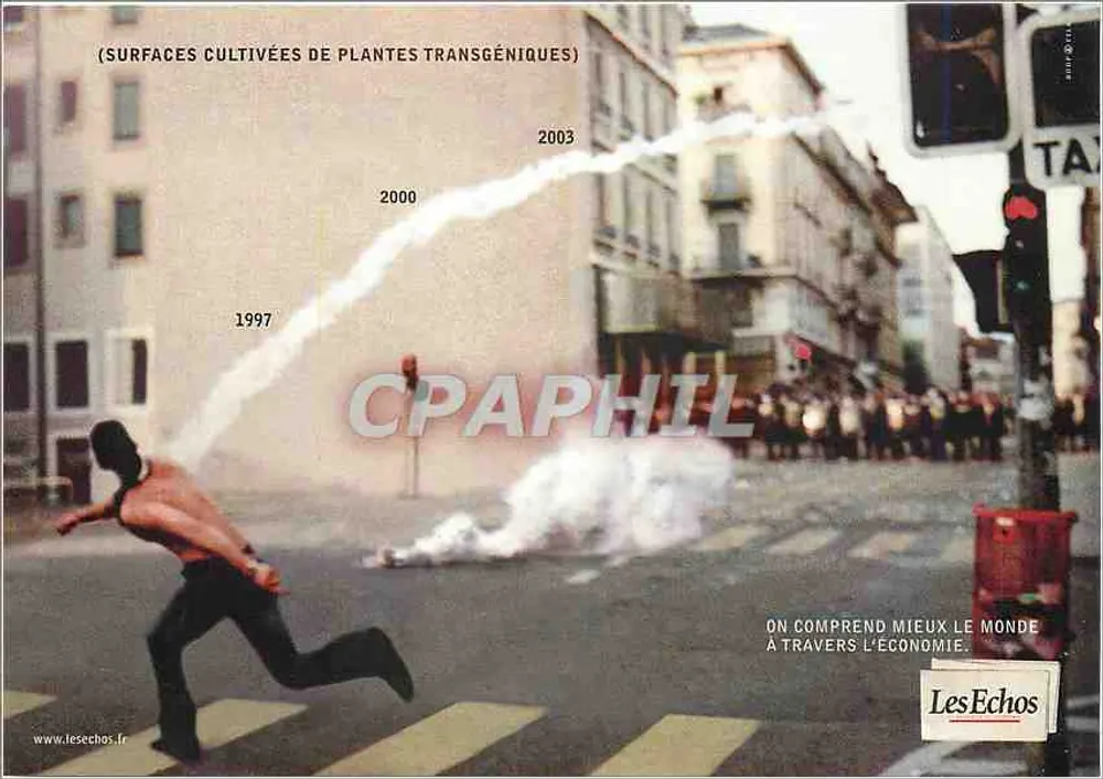 Homme courant sur une rue — illustration publicitaire sur les plantes transgéniques — Les Echos - Recto