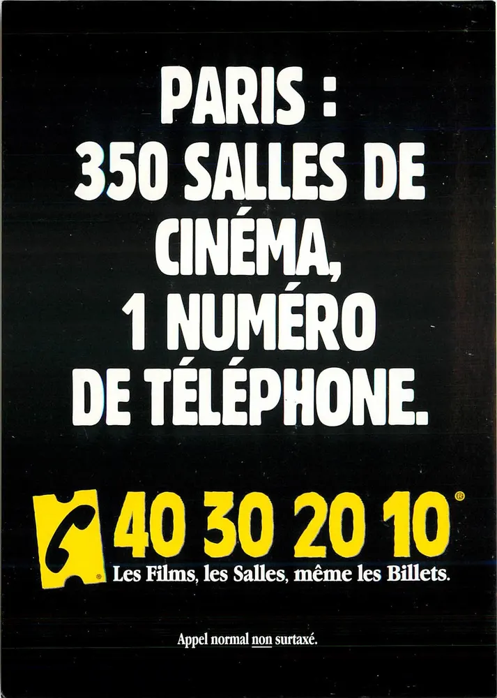 Paris : 350 salles de cinéma, 1 numéro de téléphone — AlloCiné, éditeur AlloCiné, n° de série CARTON 4379 57 57 - Recto
