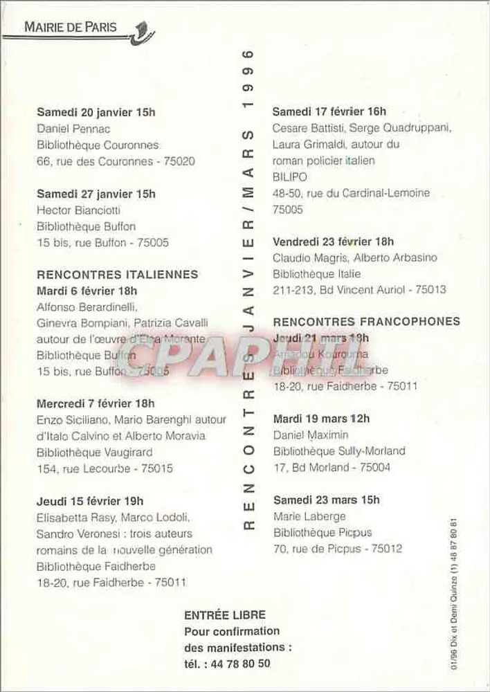 O rosto das palavras — As bibliotecas da Cidade de Paris — Encontros com seus autores favoritos — Mairie de Paris — Janeiro/Março 1996 - Verso