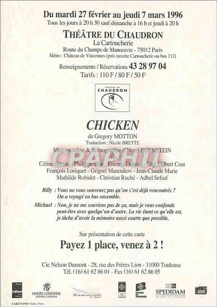 Chicken — Stück von Gregory Motton — Compagnie Nelson Dumont - Rückseite