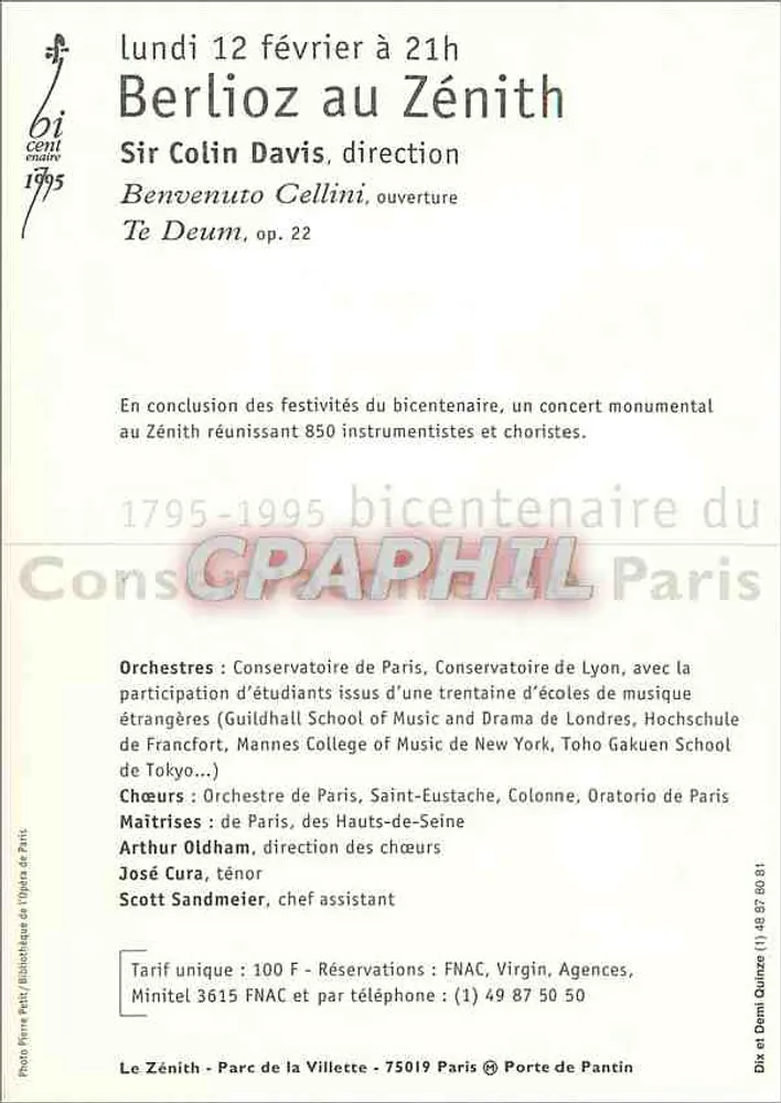 Berlioz au Zénith — Bicentenaire du Conservatoire de Paris 1795-1995 — Le Zénith - Parc de la Villette - Verso