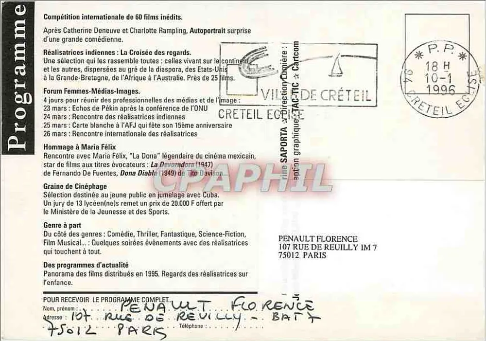 Internationaler Frauenfilmfestival — Créteil, 22-31 März 1996 — Verlag: Maison des Arts - Rückseite