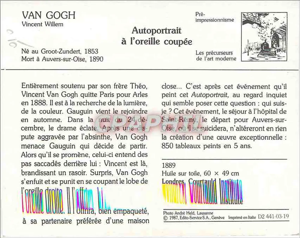 Auto-retrato com a orelha cortada — Vincent Willem Van Gogh — Editor: Editio-Service S.A., Genebra, n° D2 441-03-19 - Verso