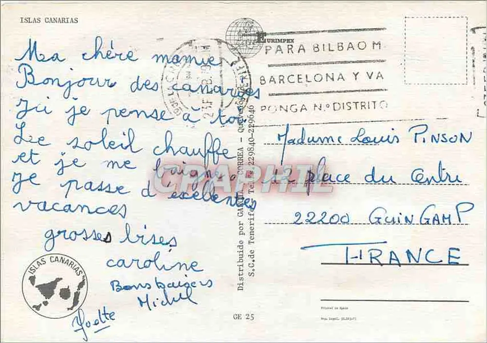 Saudações de Tenerife — vista da montanha, da Dracaena e dos macacos — editor S.C. de Tenerife - Verso