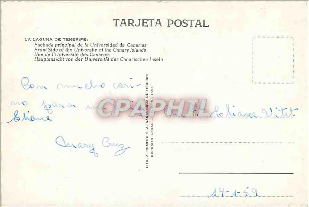 La Laguna de Tenerife — Hauptfakultät der Universität der Kanarischen Inseln — Ausgabe Lito. A. Romero S.A. - San Cristóbal de Tenerife - Rückseite