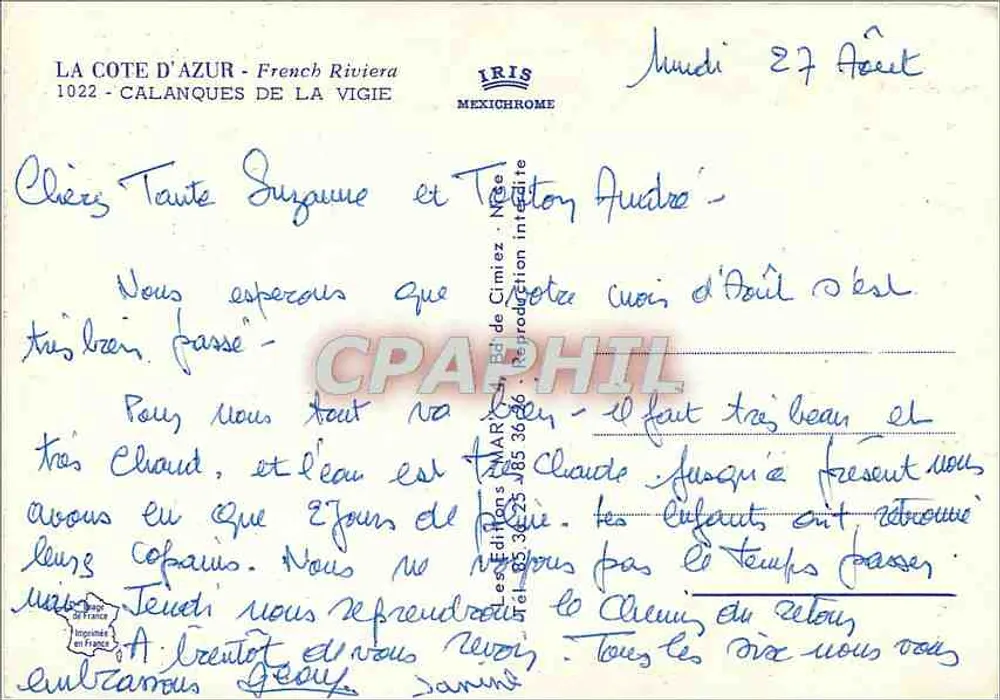 Côte d'Azur — Calanques de La Vigie — Verlag IRIS, Nr. 1022 - Rückseite