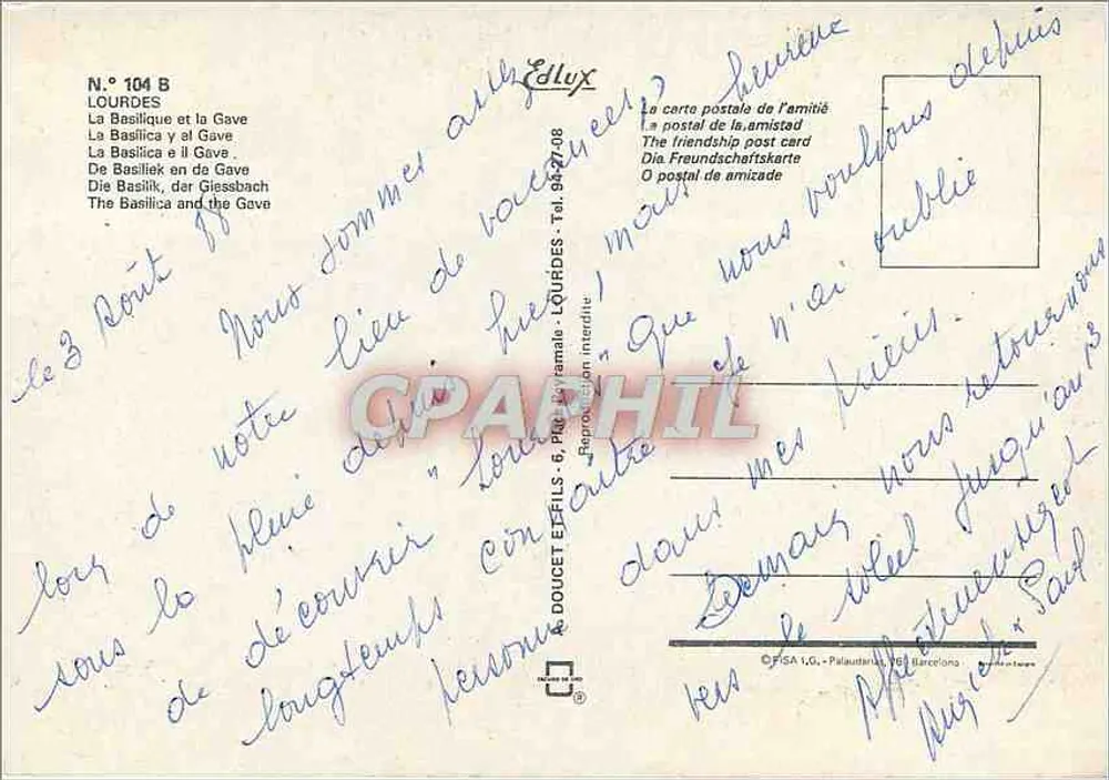 Lourdes — A Basílica e o Rio Gave — Editor Doucet Éfils, n° 104 B - Verso