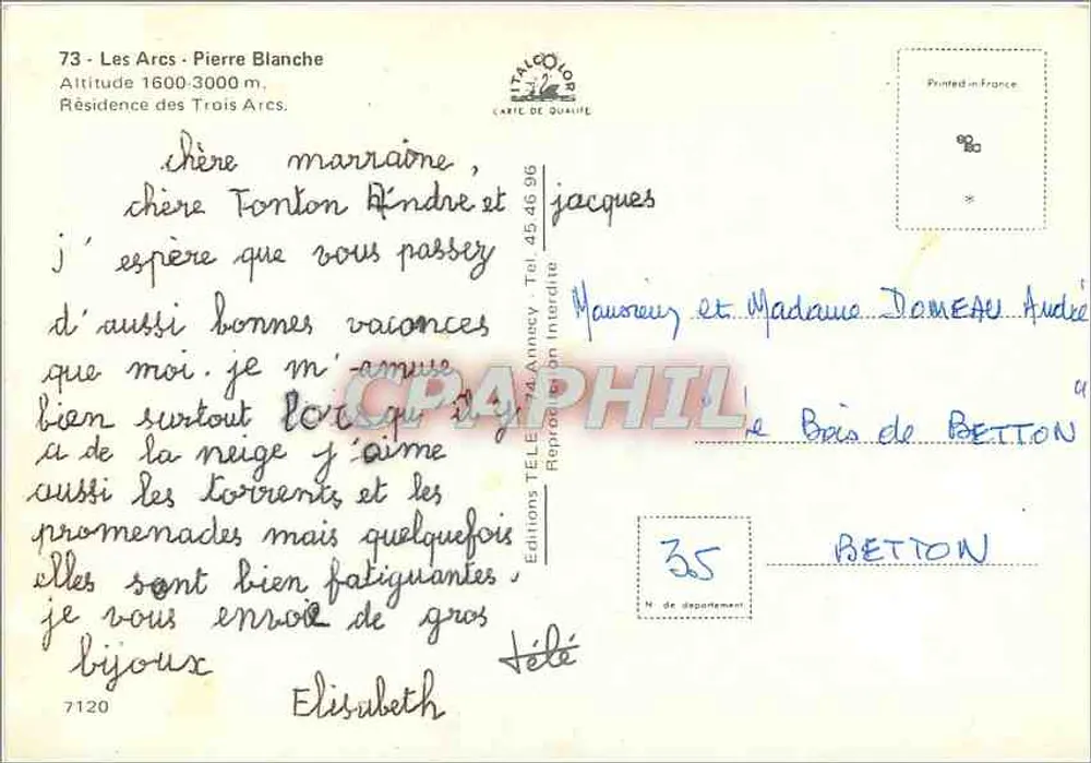 Les Arcs - Pierre Blanche — Résidence des Trois Arcs — Éditions TÉLÉ 74 Annecy - Verso