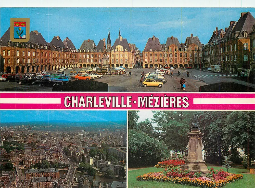 Praça Ducal — vista aérea e estátua de Arthur Rimbaud — Charleville-Mézières - Frente