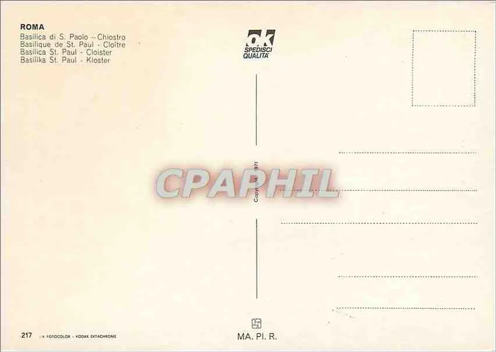 Roma - Basílica de São Paulo - Claustro — editor MA. PI. R., n° 217 - Verso