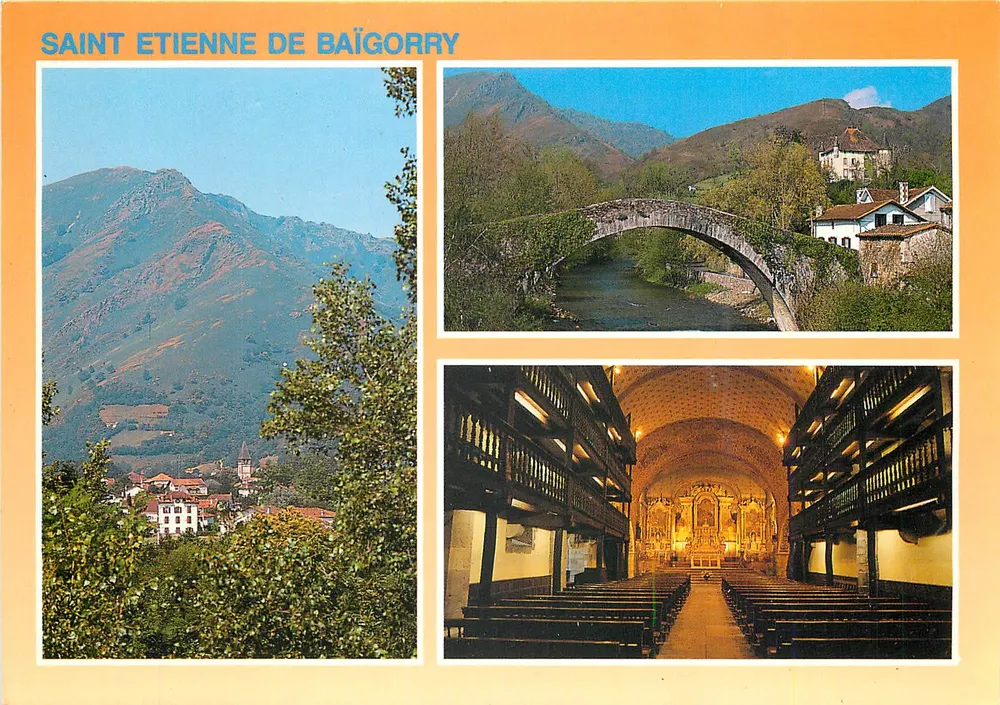 Saint-Etienne de Baïgorry — vista do vilarejo, ponte e interior da igreja — Éditions Lavielle - Frente
