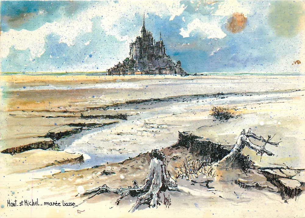 Monte Saint-Michel — maré baixa — aquarela original de Robert LEPINE - Frente