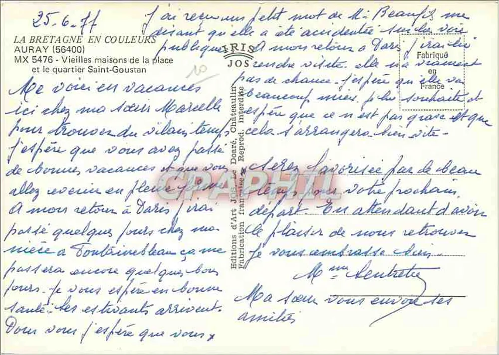 Auray — Ansicht des Platzes und des Viertels Saint-Goustan — Éditions d'Art J. Chiteau - Rückseite
