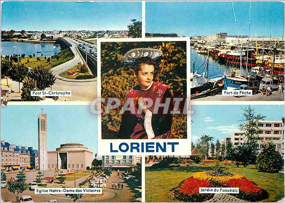 Lorient — Vista panorâmica com Ponte St-Christophe, Porto de Pesca, Igreja Nossa Senhora das Vitórias e Jardim do Faouëdic — Editor: Pierre Artaud e Cia, n°3 - Frente