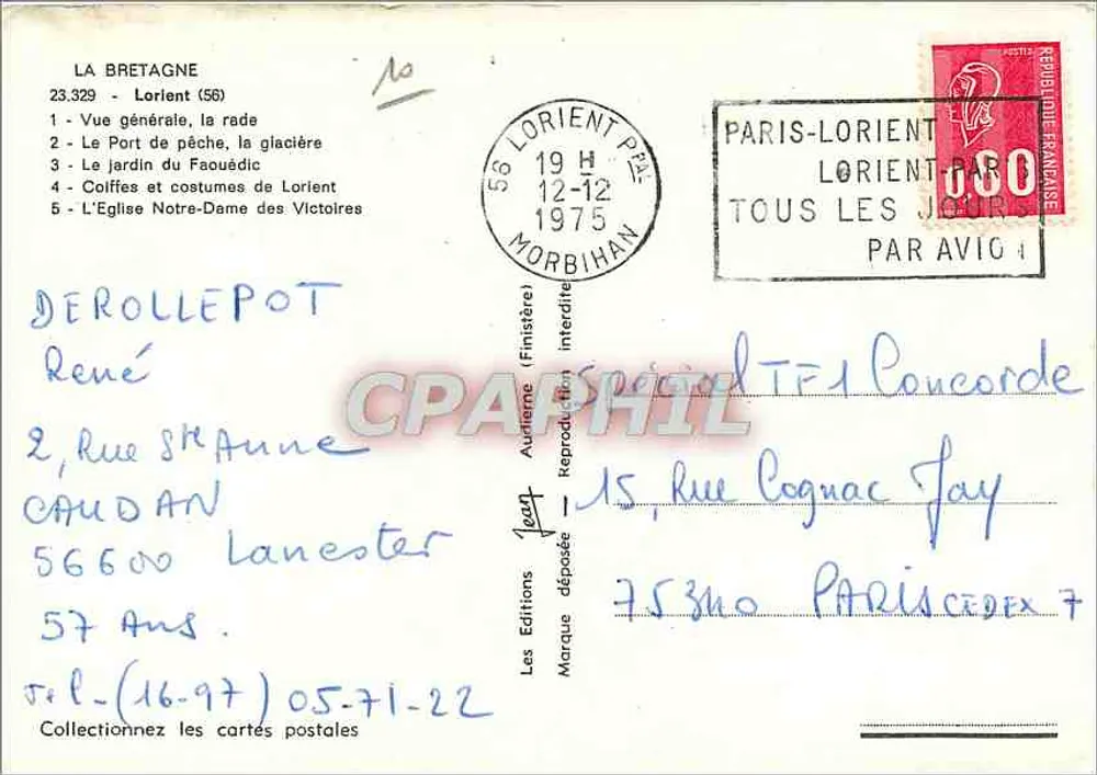 Lorient — vista geral, porto, jardim do Faouëdic, igreja Notre-Dame das Vitórias — Les Éditions (Finistère) n°23.329 - Verso