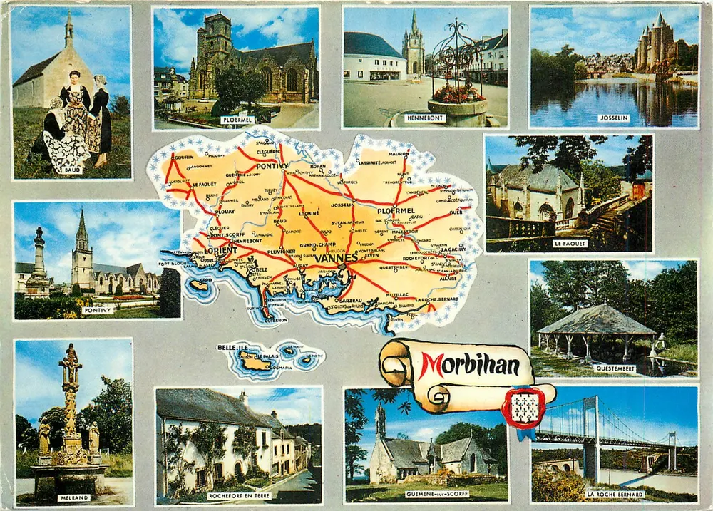 Morbihan — Carta postal turística com mapa e fotos de locais — Éditions Pierre Aftaïd & Cie - Frente