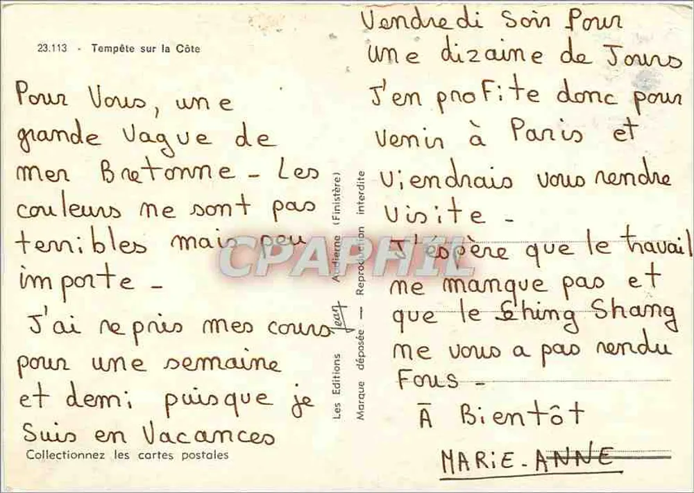 Tempestade na Costa — Bretã — Edições Finistère, n°23.113 - Verso