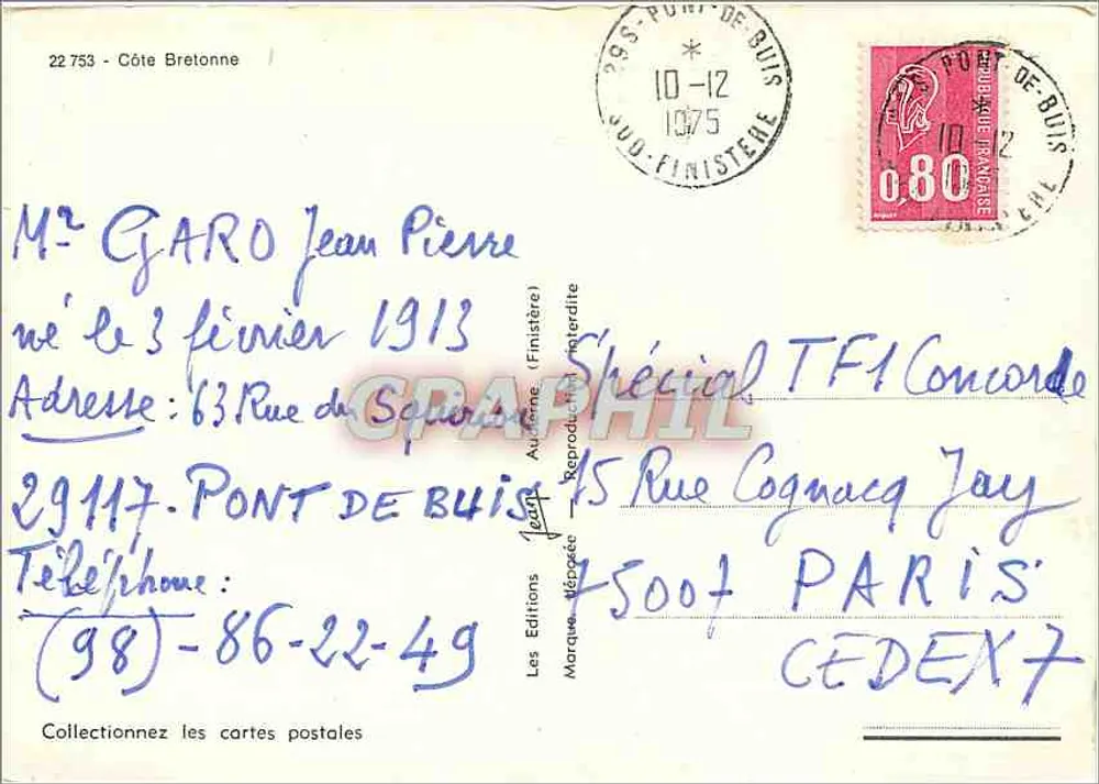 Côte Bretonne — vista de rochedos e mar — Les Éditions (Finistère) n°22 753 - Verso